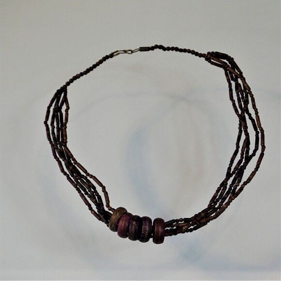 Funky Retro Statement Necklace Bohemian 5 Strand Metal Beads 5 Ring Pendants - Picture 6 of 7